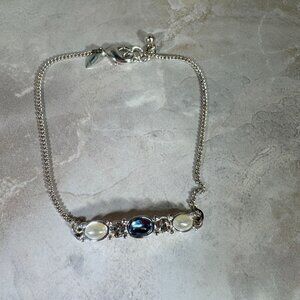 Elegant Silver-Plated Bracelet Blue Beads & Faux Pearl Signed SHA